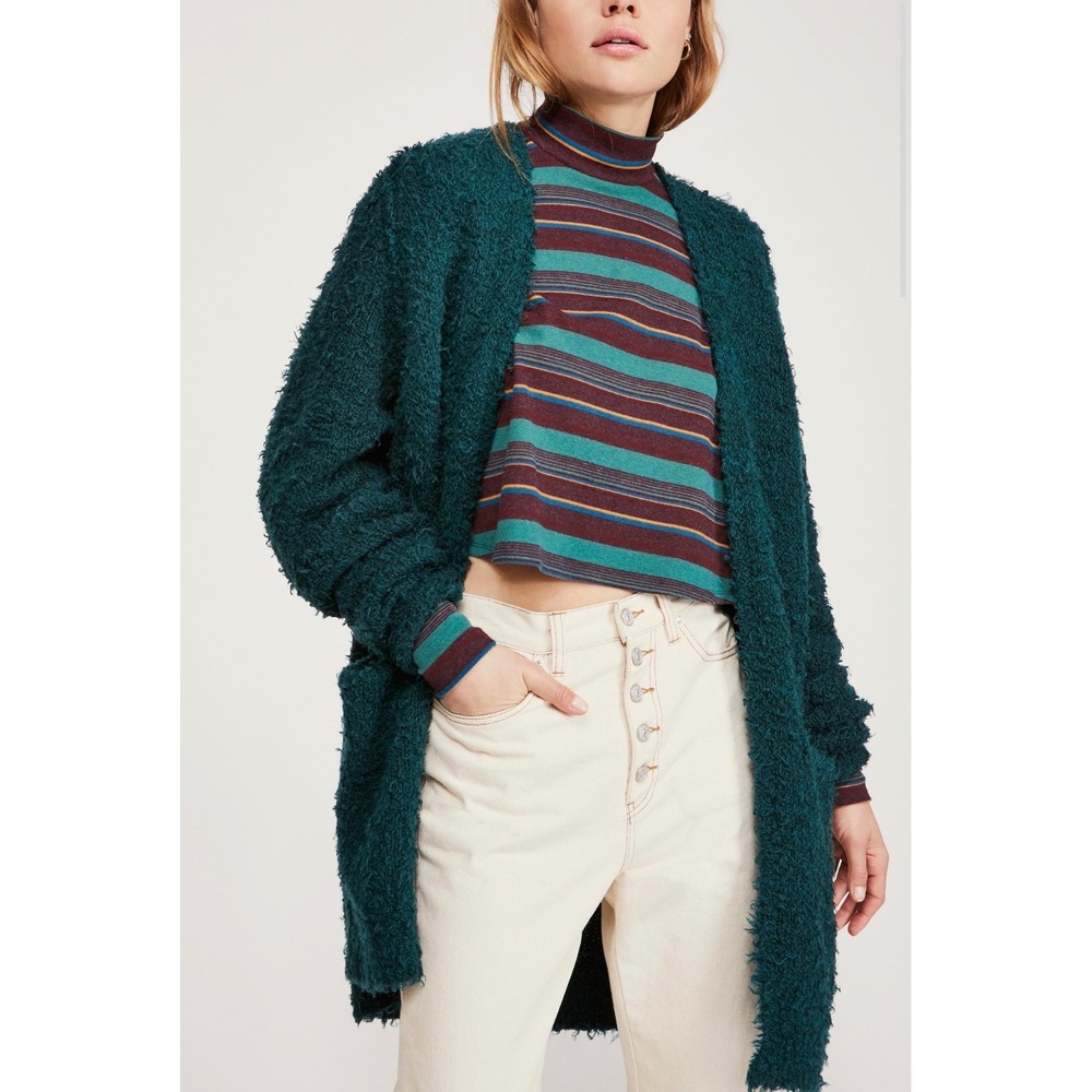 Free People Once in a Lifetime Green Boucle Wool Blend Open Front Sweater XS